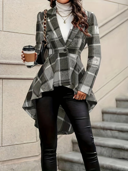 1pc Elegant Plaid Lapel Jacket for Women, Long Sleeve Asymmetrical Flare Coat, Casual Polyester Color Block Woven Outerwear for Fall/Winter