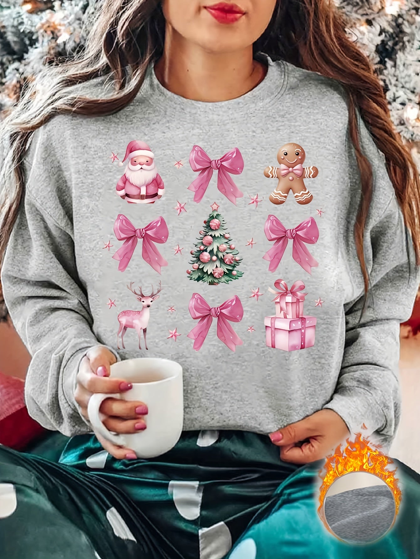 Cozy Fleece-Lined Christmas Santa Claus & Bow Print Sweatshirt for Women - Casual Crew Neck, Long Sleeve Pullover with Kangaroo Pocket, Machine Washable Polyester Blend, Perfect for Fall/Winter