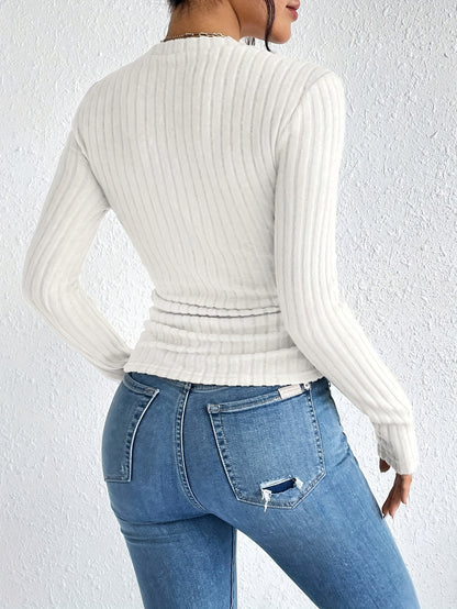 Elegant Solid Color Ribbed Pullover Sweater for Women - Crew Neck, Long Sleeve, Machine Washable - Perfect for Fall & Winter, for Autumn