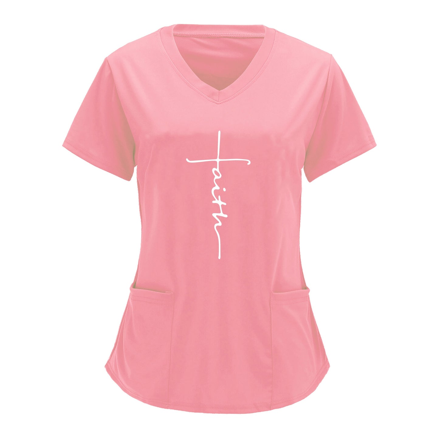 Pink V-neck scrubs top with "Faith" graphic print and practical patch pockets for healthcare professionals.