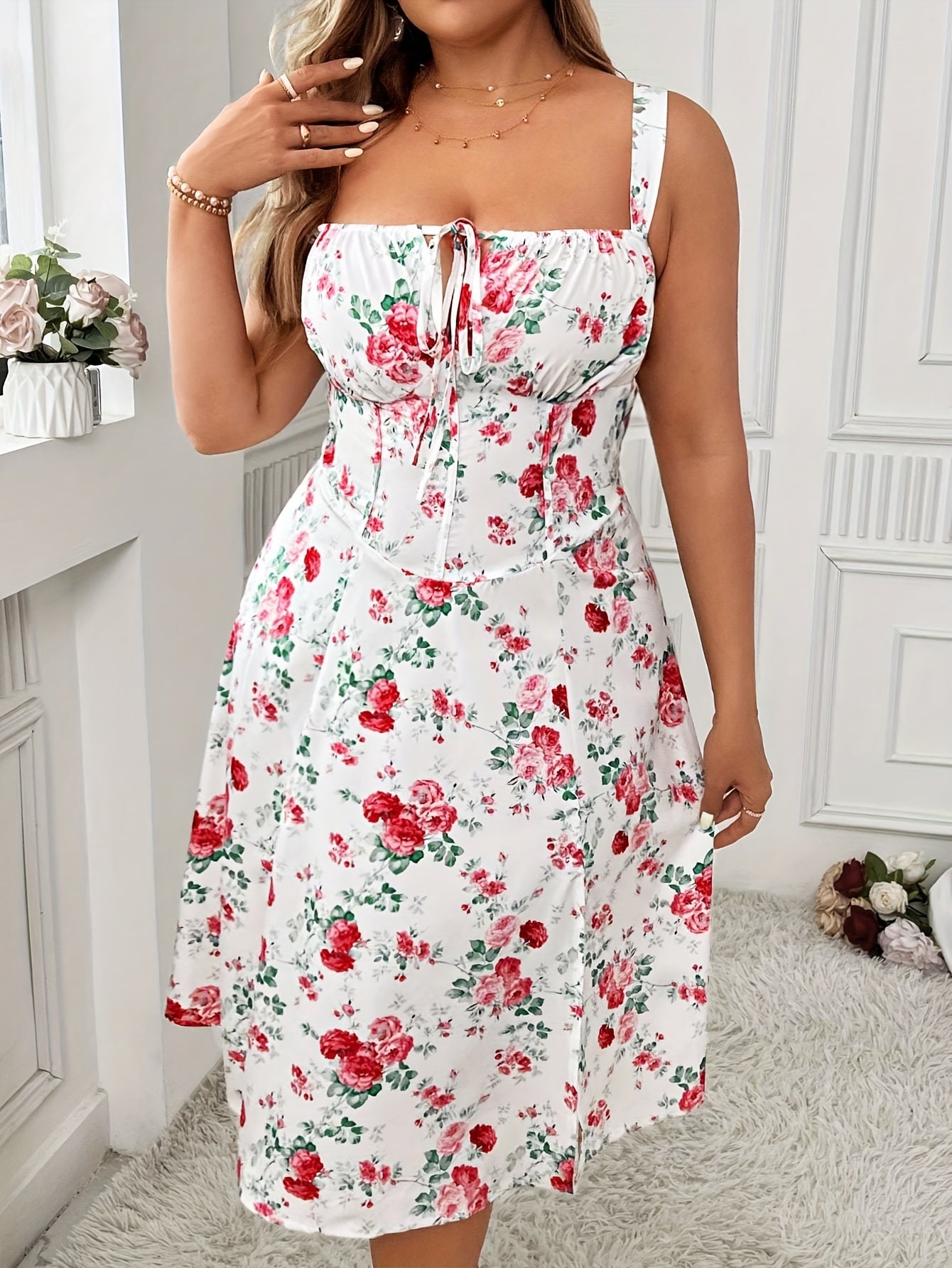 Plus Size Floral Chic Tie Front Strap Dress - Elegant Sleeveless Split Design, Flowy Comfortable Fabric, Perfect for Summer, Women's Curve-Hugging Clothing, Ideal for Outdoor Events and Casual Daily Wear