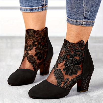 Stunning Floral Lace Ankle Boots - Chic Pointed Toe, Chunky High Heel, Versatile, Fashionable, Comfortable, and Perfect for Various Occasions - Ideal for Women Who Want to Elevate Their Style - LuxyXO