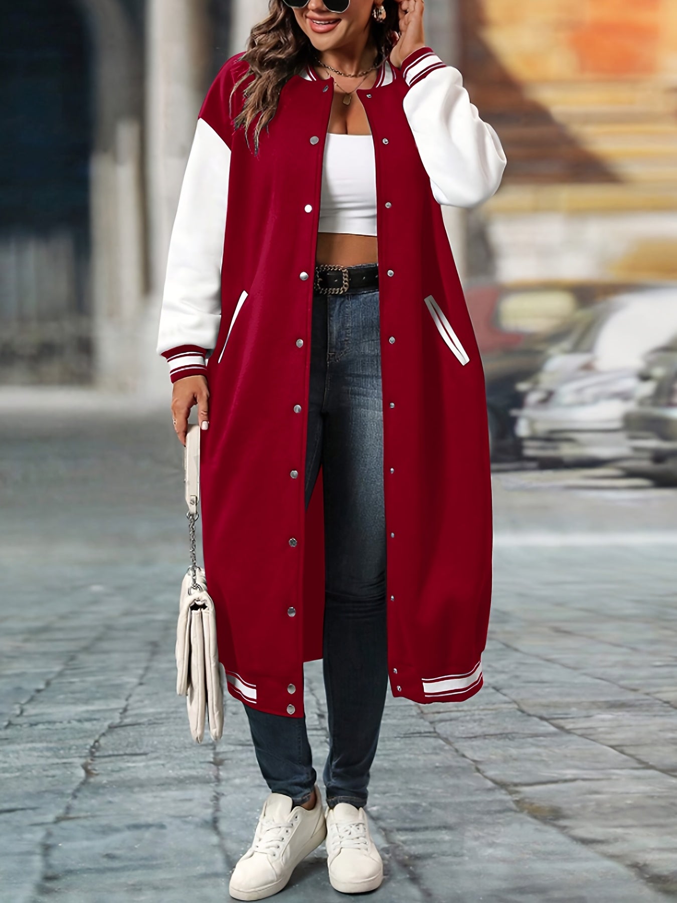 Plus Size Color Block Button Front Jacket, Casual Long Sleeve Longline Jacket For Fall & Winter