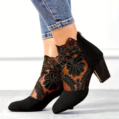 Stunning Floral Lace Ankle Boots - Chic Pointed Toe, Chunky High Heel, Versatile, Fashionable, Comfortable, and Perfect for Various Occasions - Ideal for Women Who Want to Elevate Their Style - LuxyXO