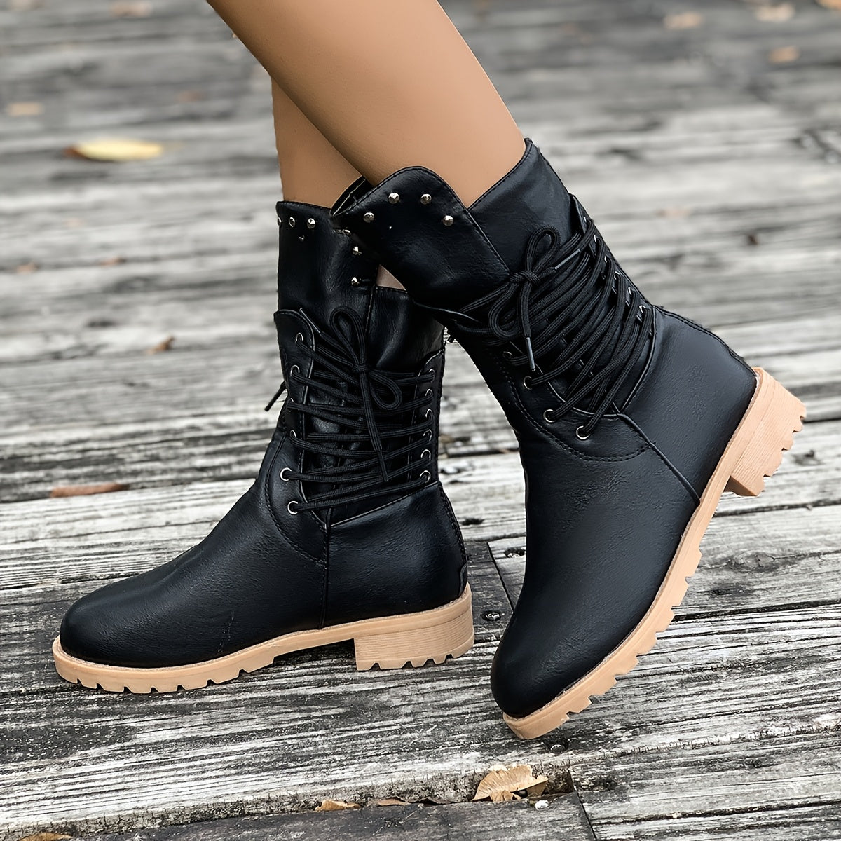 Women's Fashionable Mid-Calf Boots with Rivet Detail - Chunky Heel, Plush Lined for Winter Comfort, Side Zipper Closure