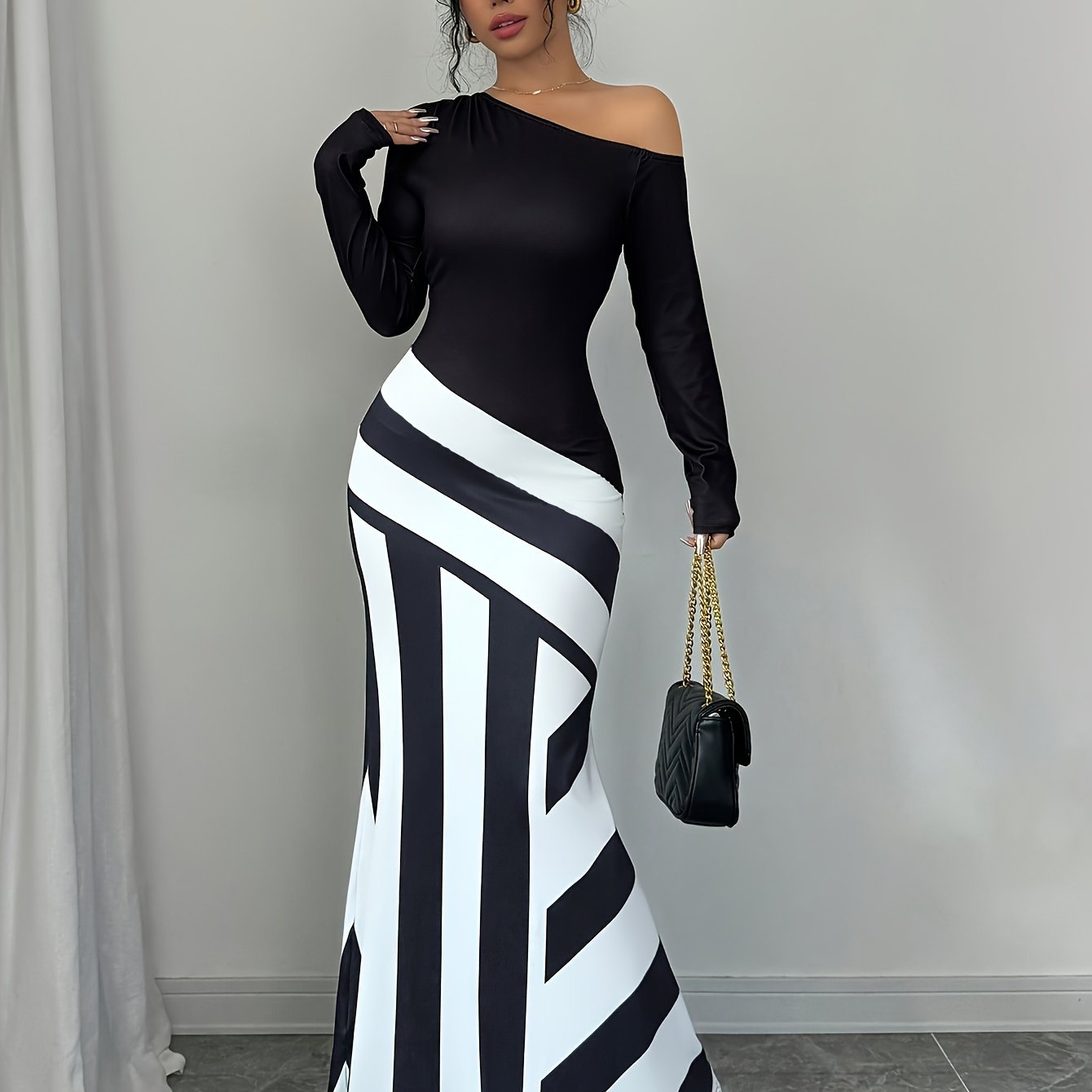 Elegant Off-Shoulder Striped Maxi Dress for Women - Long Sleeve, Bodycon Fit, Machine Washable