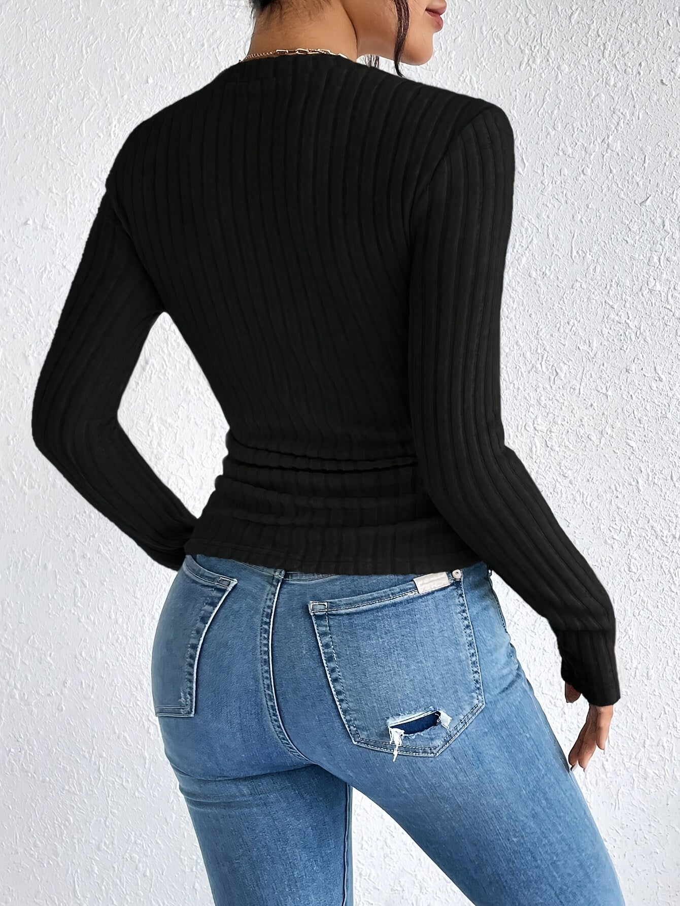 Elegant Solid Color Ribbed Pullover Sweater for Women - Crew Neck, Long Sleeve, Machine Washable - Perfect for Fall & Winter, for Autumn