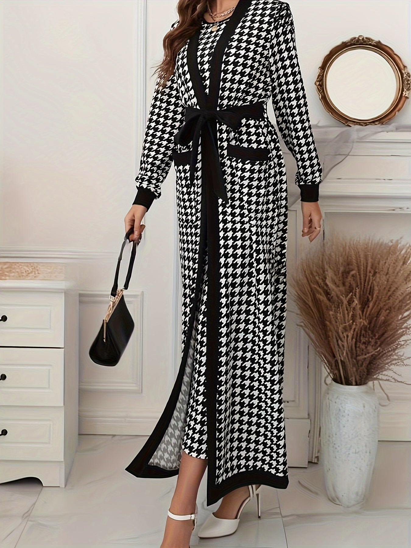 Houndstooth Print Elegant Skirt Set, Crew Neck Sleeveless Slim Dress & Open Front Long Sleeve Jacket Outfits, Women's Clothing