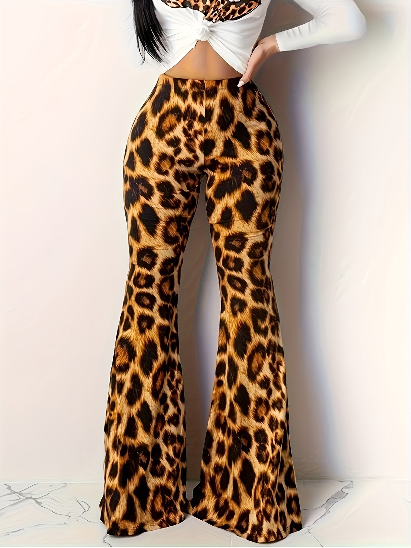 Pantalones acampanados elegantes de cintura alta con estampado de leopardo para mujer: elásticos, duraderos y con estilo para todo el año