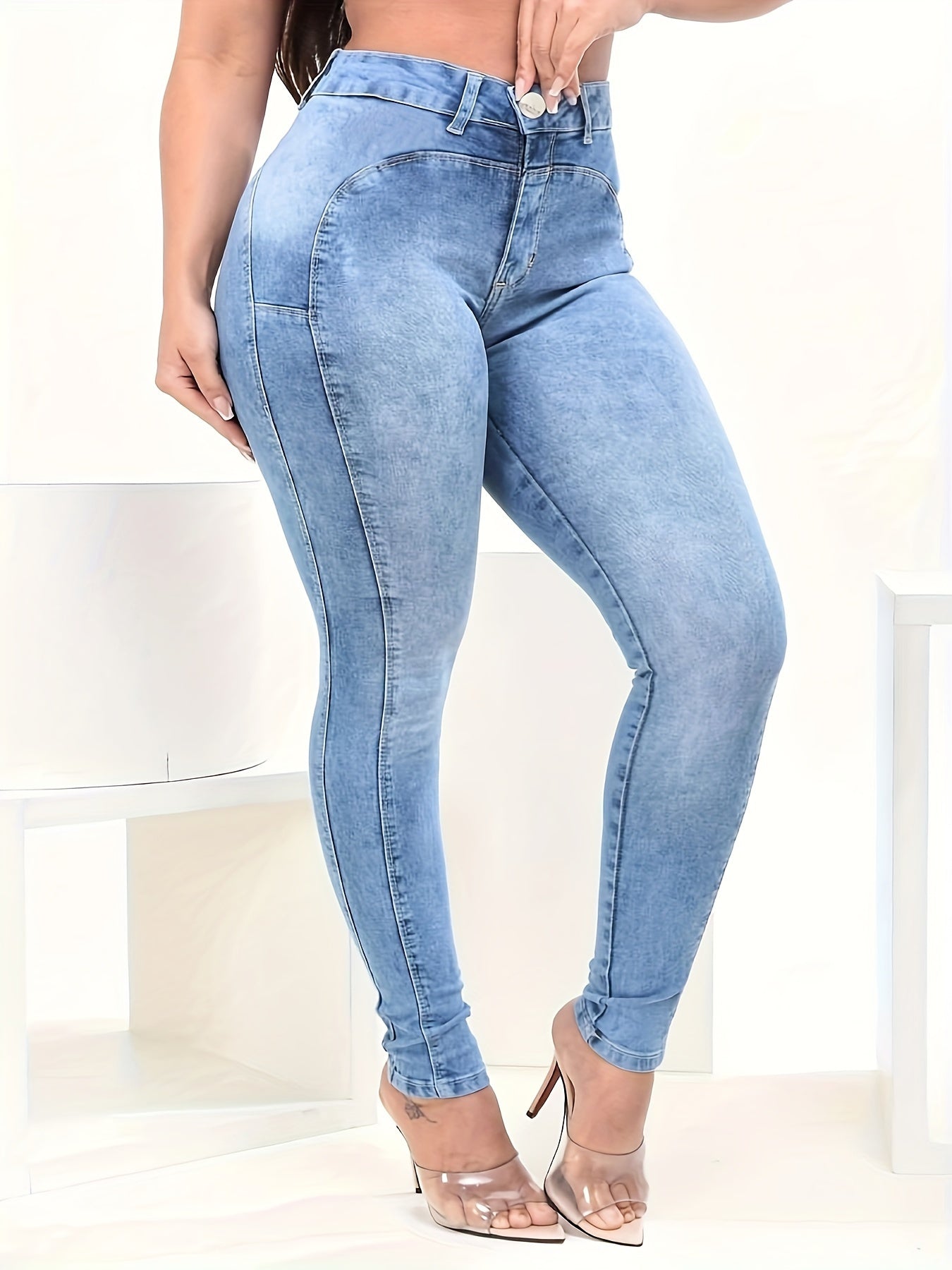 Pantalones vaqueros ajustados y elásticos de moda: azul lavado suave, cierre de botón con cremallera, estilo casual, cintura alta cómoda, diseño de cinco bolsillos, jeans de mezclilla para mujer y ropa para uso diario