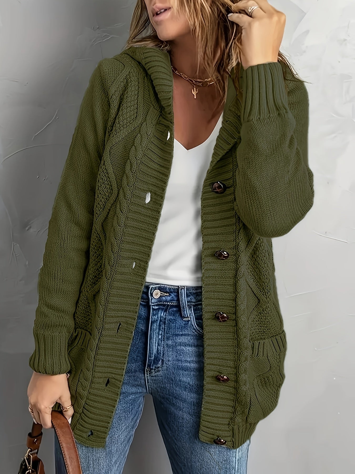 Plus Size Womens Cozy Hooded Cardigan - Soft High Stretch Long Sleeve Button Up with Pockets for Fall/Winter - Polyester Knit Fabric, Solid Color, Casual Oversized Style