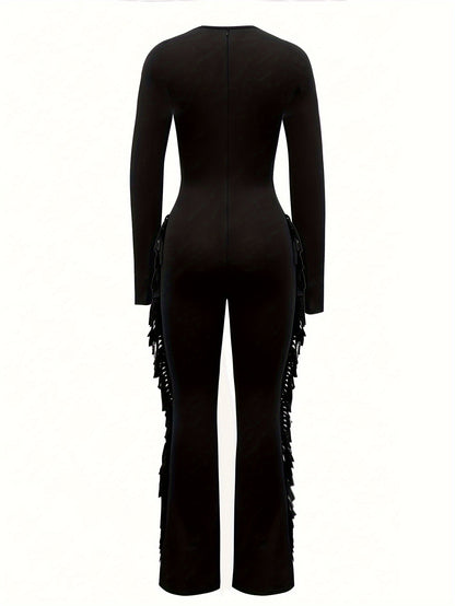 Chic Solid Color Tassel Long Sleeve Jumpsuit for Women - Sexy, Stretchy