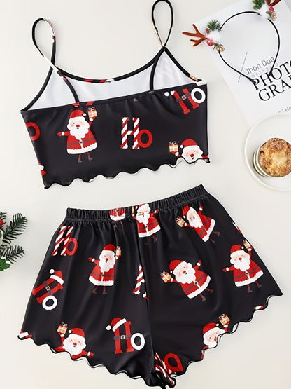 Women's Cute Christmas Cartoon Print Lettuce Trim Top And Shorts Cute Pajama Set Sleepwear