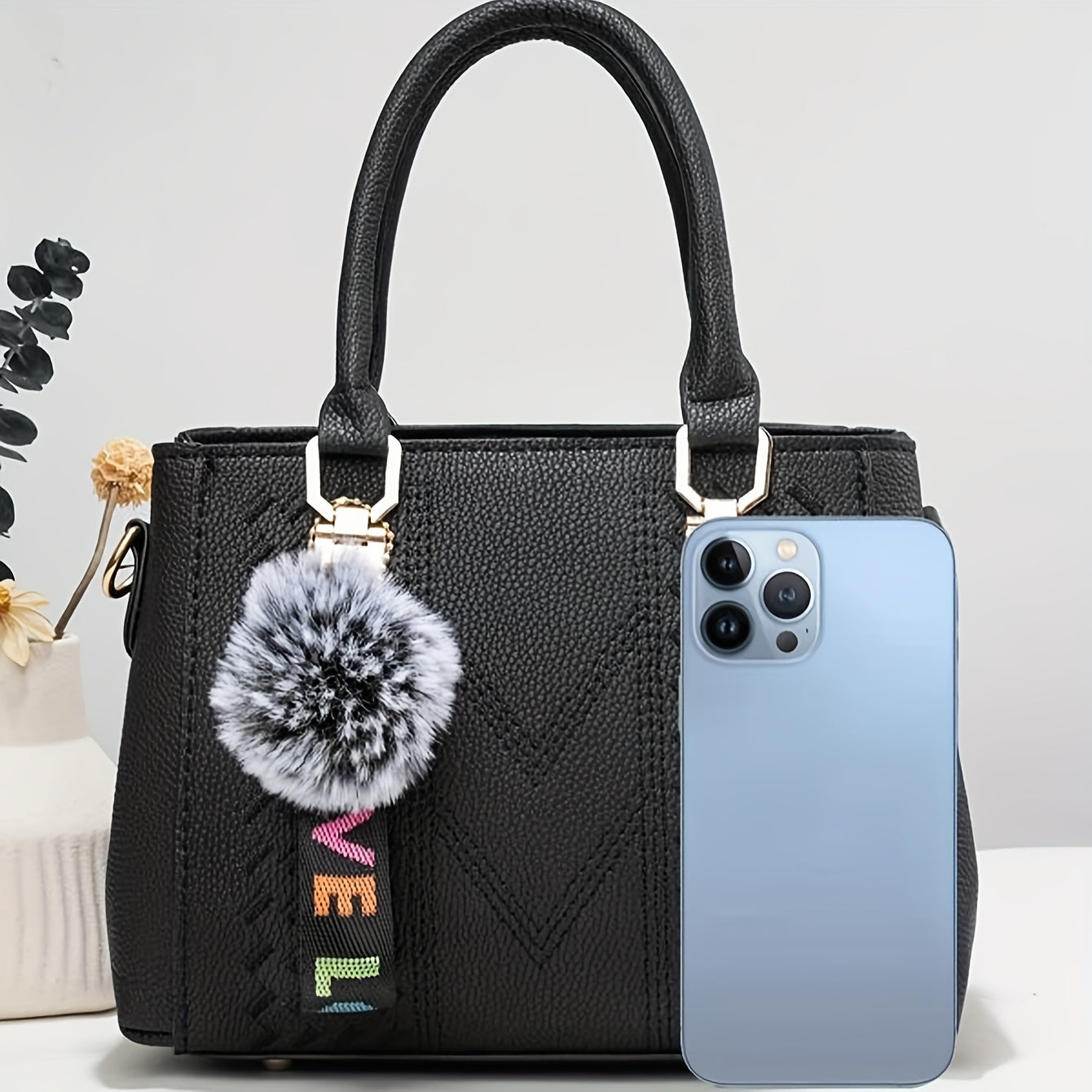 Elegant Women's Fashion Tote Bag With Pom-Pom Charm, Embroidered Faux Leather Handbag