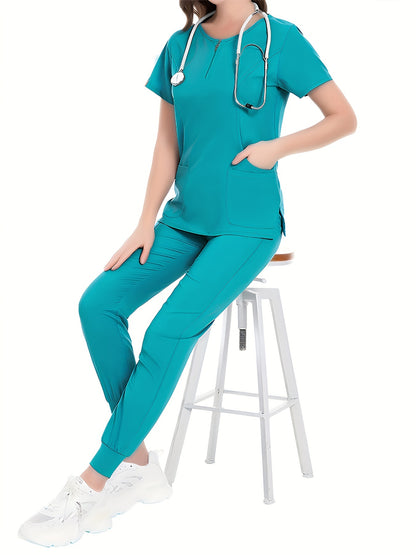 Cómodo conjunto de uniforme de enfermera: blusas quirúrgicas suaves con cuello redondo, bolsillos delanteros y pantalones con cordón para el hospital, ropa médica para mujer con tela transpirable y cintura ajustable