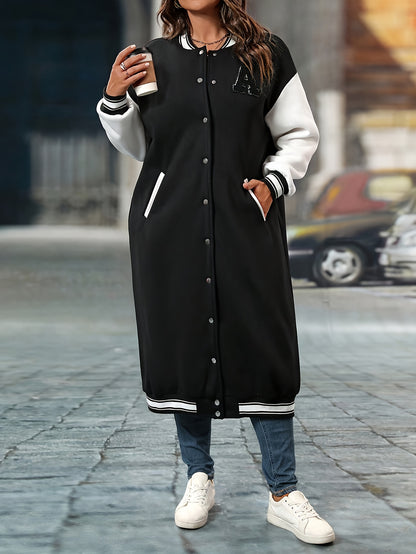 Plus Size Color Block Button Front Jacket, Casual Long Sleeve Longline Jacket For Fall & Winter