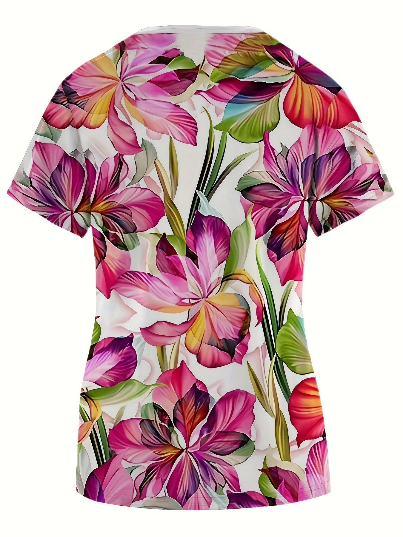 Fashionable Womens Floral Print V-Neck Scrub Top with Comfortable Short Sleeves and Stylish Patched Pockets - Perfect for Medical Professionals and Casual Wear