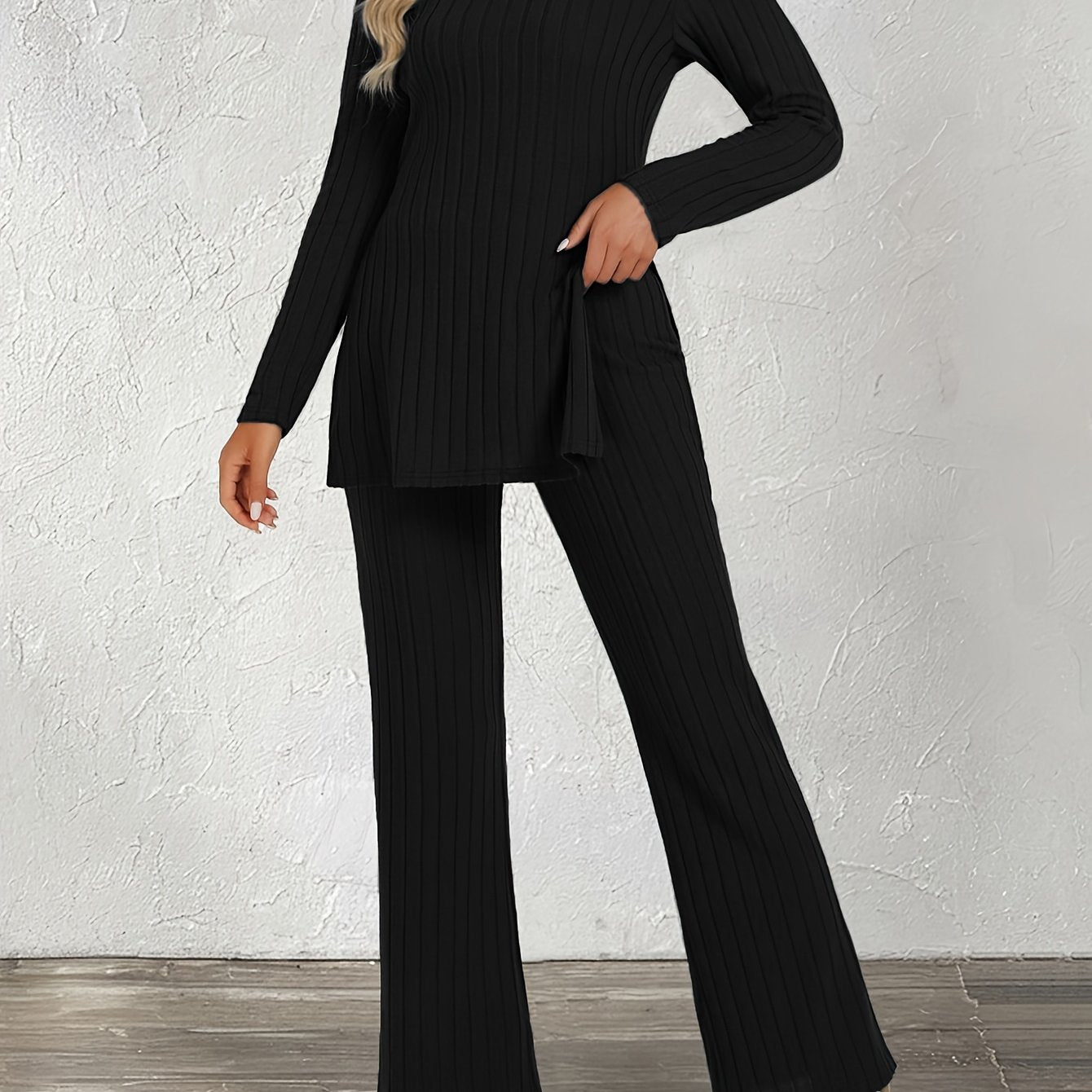 Trendy Two-Piece Ribbed Pantsuit Set - Long Sleeve Crew Neck Split Top & Strait Pants Outfit