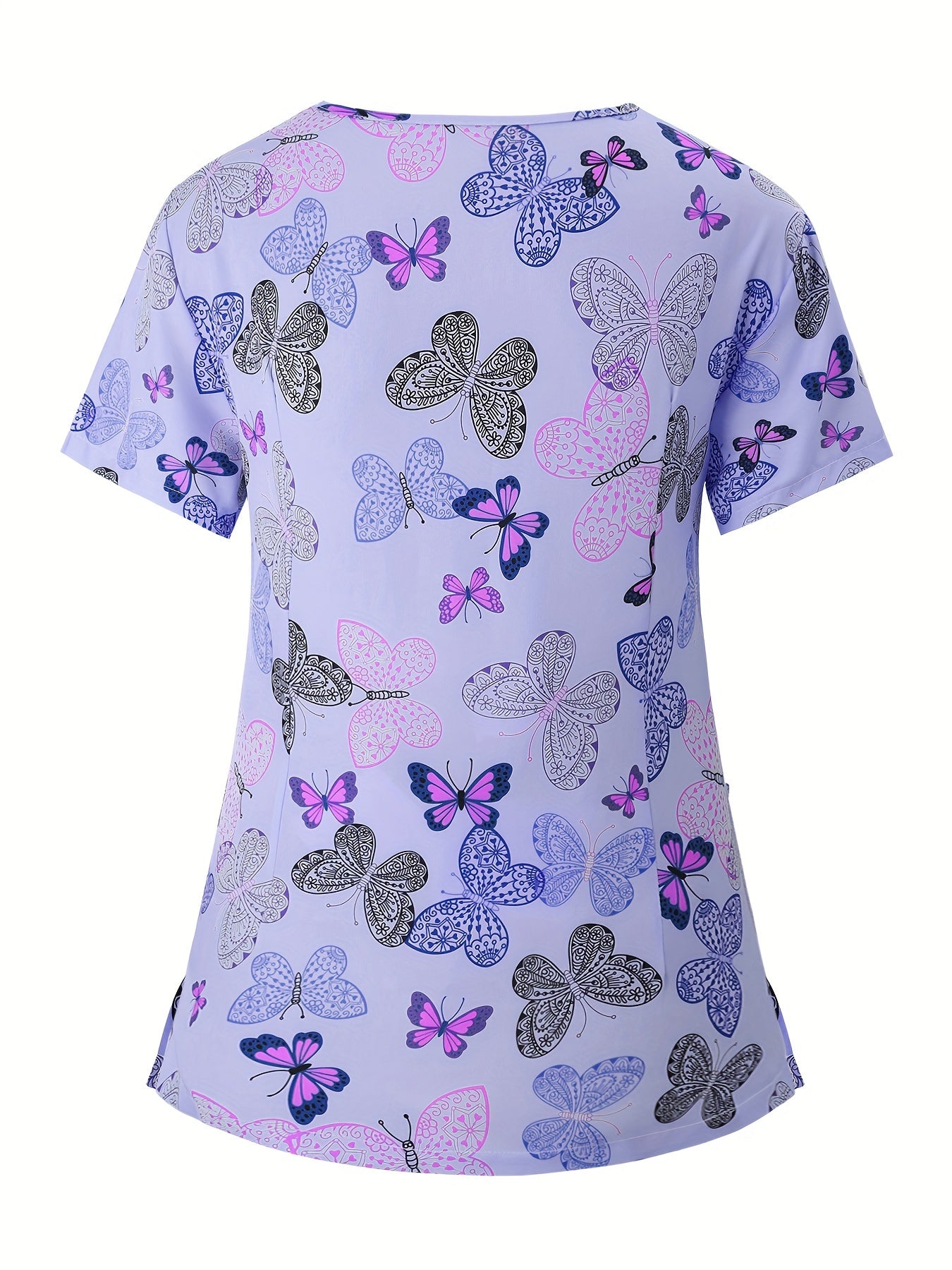 Women's Cartoon Animal Print V-Neck Scrub Top with Pockets - Breathable Polyester & Elastane Blend, Machine Washable - Perfect for Nurses & Healthcare Professionals