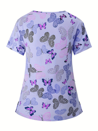 Women's Cartoon Animal Print V-Neck Scrub Top with Pockets - Breathable Polyester & Elastane Blend, Machine Washable - Perfect for Nurses & Healthcare Professionals