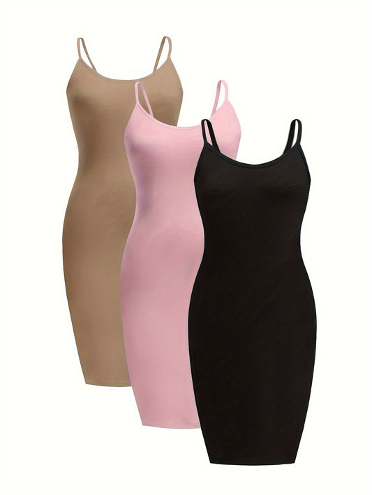 3 Pack Plus Size Cami Dresses Set - Women's Solid Round Neck Medium Stretch Slim Fit Dresses for Everyday Wear - Soft, Breathable, and Comfortable