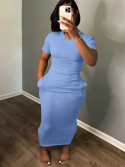 Plus Size Simple Chic Bodycon Crew Neck Dress with Pockets - Soft Slight Stretch Polyester Fabric, Machine Washable, Perfect for Summer and Spring - Casual Short Sleeve Womens Plus Size Clothing for Everyday Wear