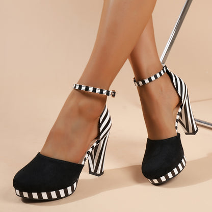 Chic Striped DOrsay High Heel Sandals - Adjustable Ankle Strap Platform - Perfect for Parties & Any Occasion - Fashionable Dress Shoes