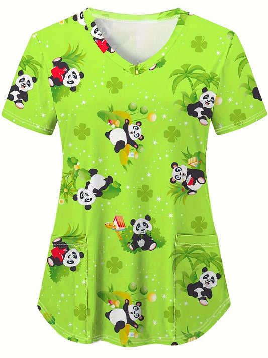 Camiseta de cuello en V elástica de manga corta con estampado de panda: uniforme de atención médica cómodo, funcional y lavable a máquina para enfermeras: tejido de punto de poliéster, microelasticidad, largo regular y diseño de estampado animal aleatorio