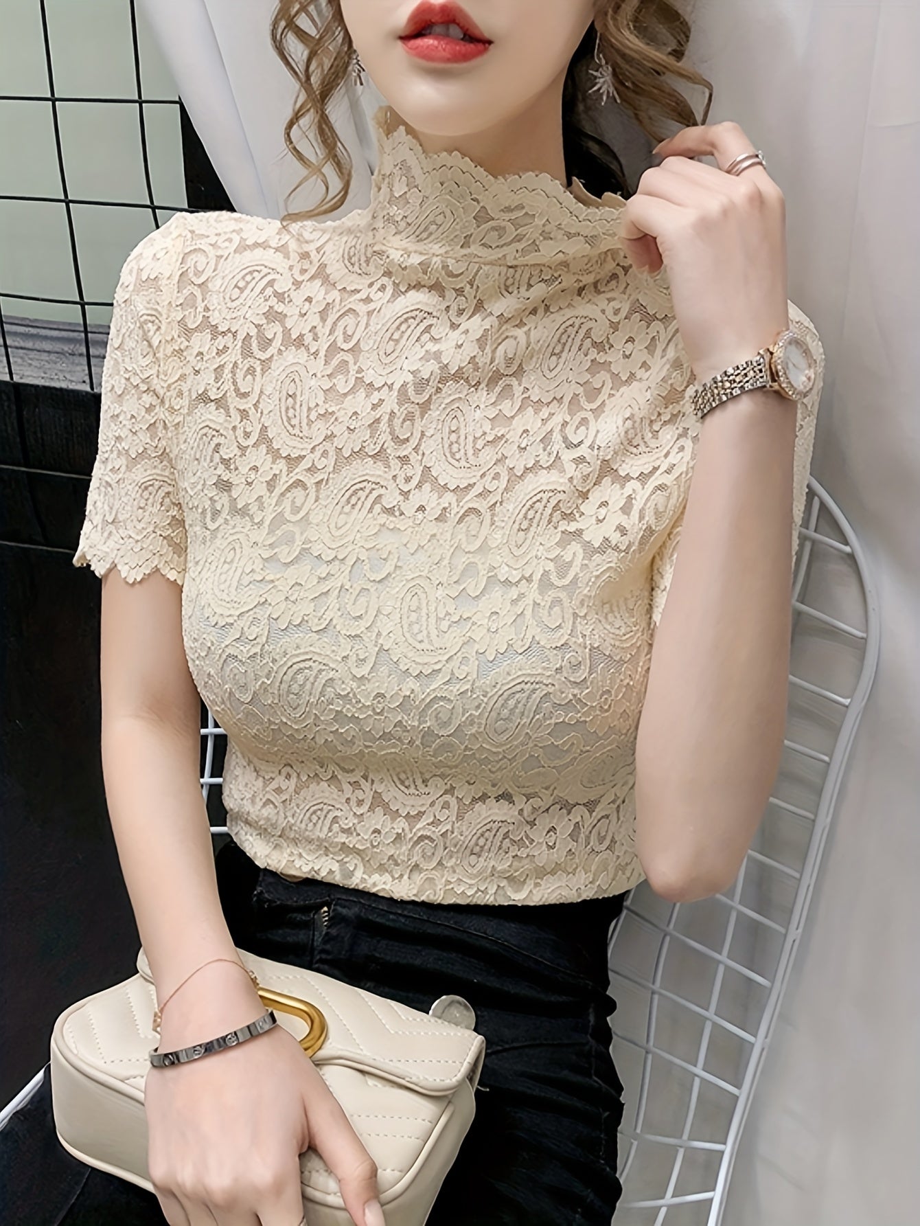 Blusa de encaje Paisley, elegante blusa de manga corta con cuello alto y color liso, ropa de mujer