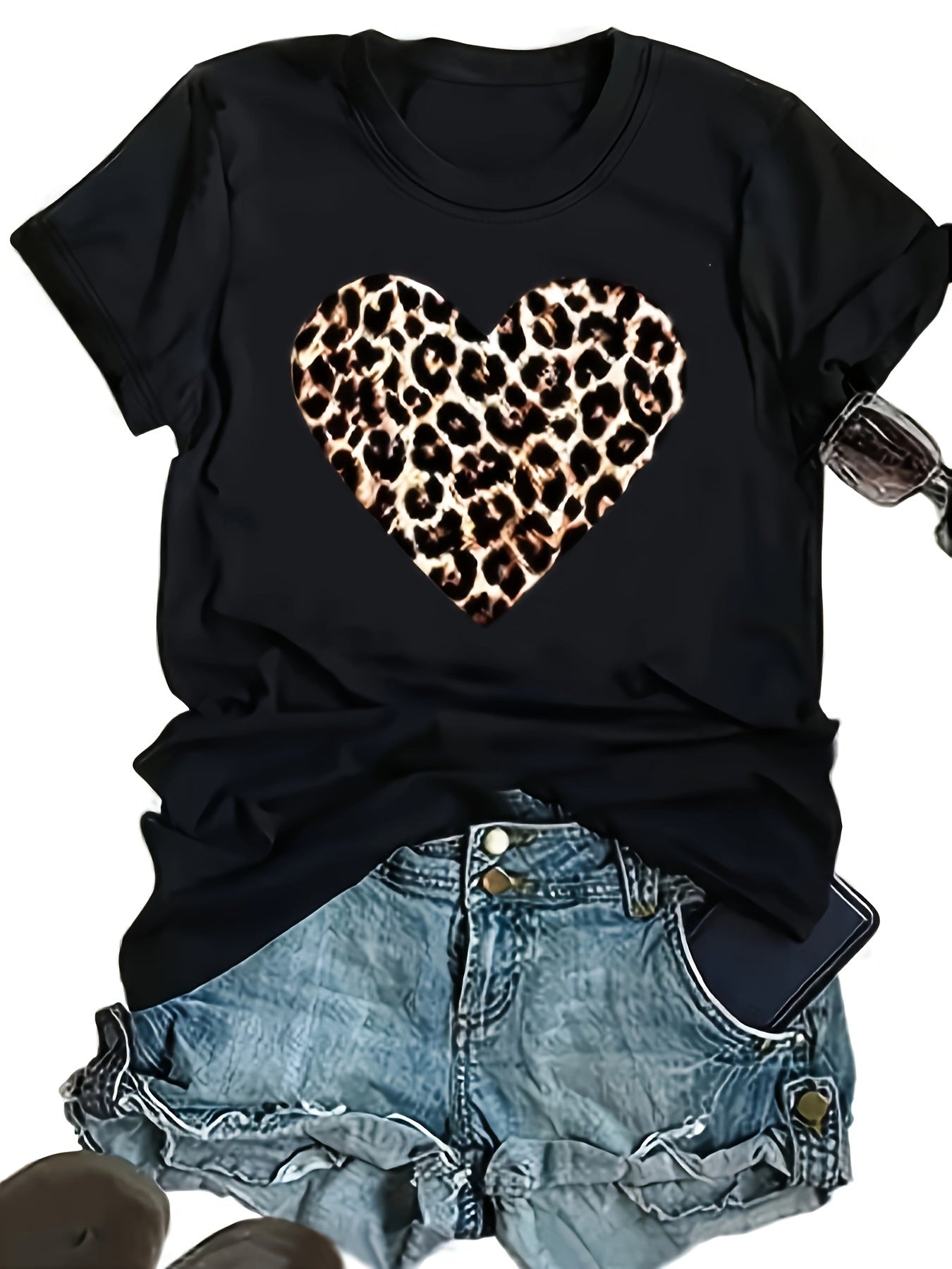 Camiseta con estampado de leopardo de moda: cuello redondo cómodo, mangas cortas livianas: blusa de verano perfecta para mujeres