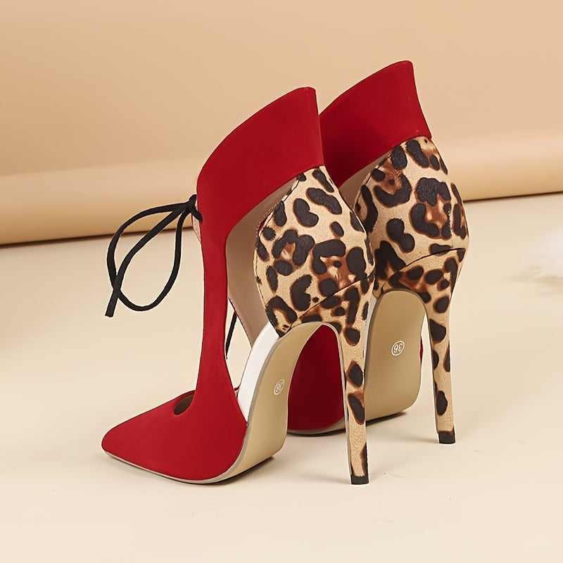 Fashion-Forward Leopard Print High Heels - Color-Block Sandals with Lace-Up Closure & Chic Hollow-Out Detail - Pointed Toe Dress Shoes for Glamorous Parties & Banquets