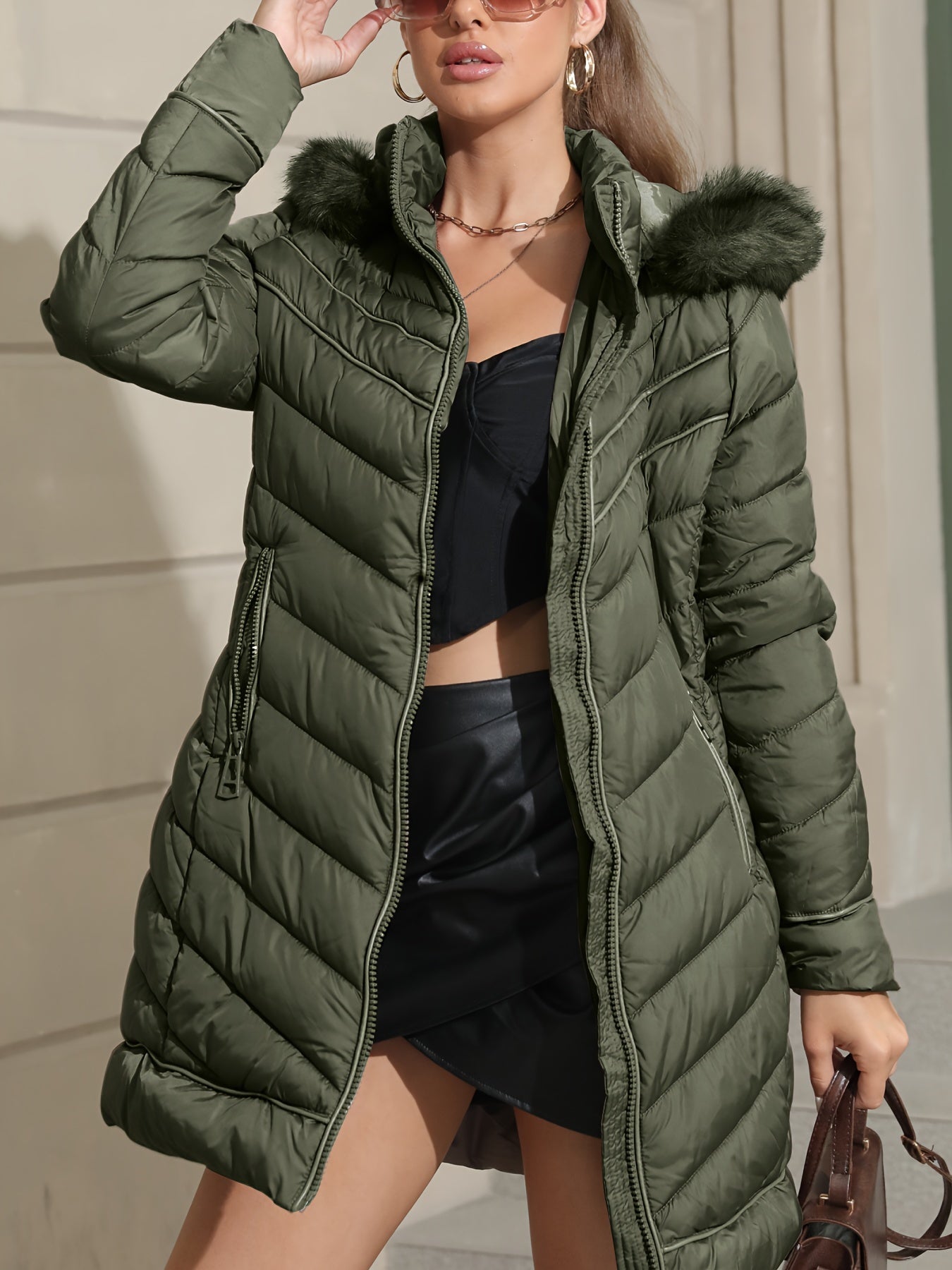 Zip-up Faux Fur Trim Hoodie Puffy Coat, Casual Thermal Long Sleeve Coat For Fall & Winter, Women's Clothing