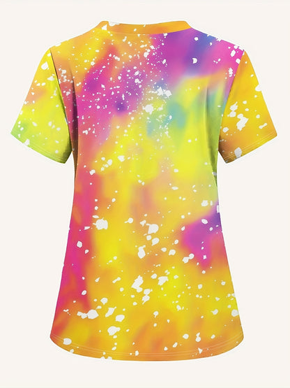 Women's Casual V-Neck Tie Dye T-Shirt with Pockets, 100% Polyester Knit Fabric, Lightweight Breathable Top for Spring/Summer/Fall