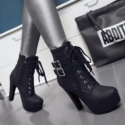 Botas de tacón alto con cordones de color liso a la moda para mujer - Tacón de aguja con base de bloque estable - Correa de tobillo con hebilla segura - Modernas y cómodas