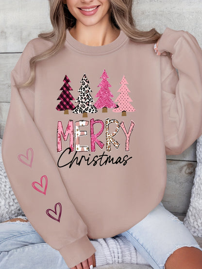 Women'S Festive Christmas Sweatshirt, Casual Pullover Crew Neck, Knit Polyester Fabric, Holiday Fashion Hoodie, Merry Christmas Tree Design, Spring/Summer/Autumn Season