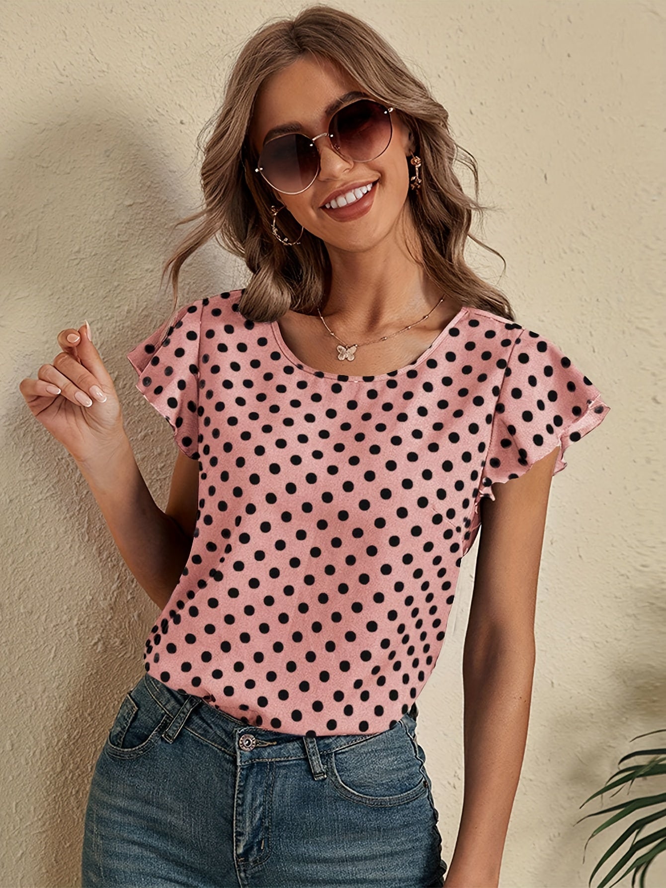 Delicate Pin-Dot Print Flutter Sleeve Blouse - Lightweight & Feminine Crew Neck Top for Spring & Summer - A Trendy Casual Wardrobe Essential for Women