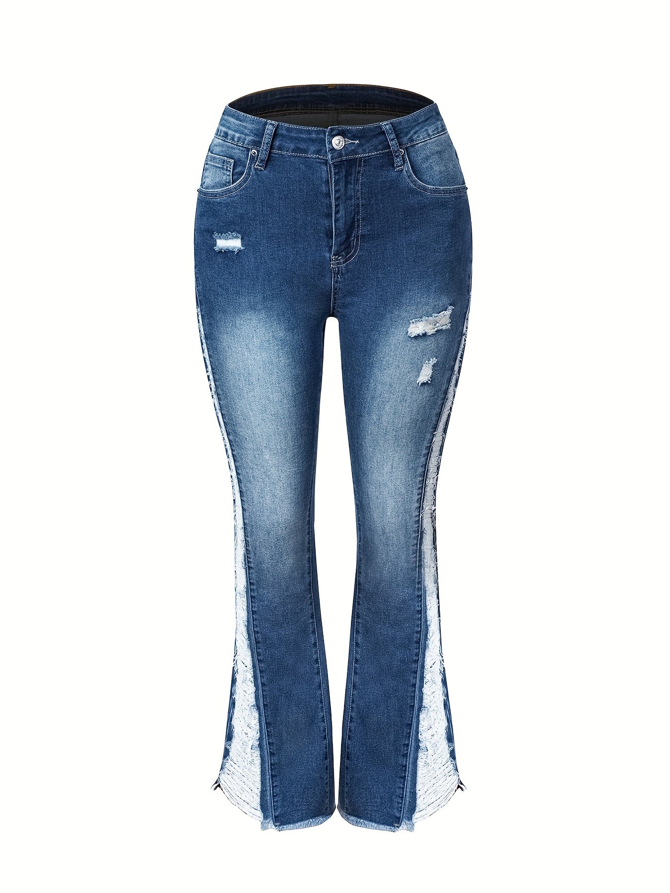 Women's plus size washed ripped flare leg jeans with split hem and fringe trim, perfect for Carnaval Music Festival.