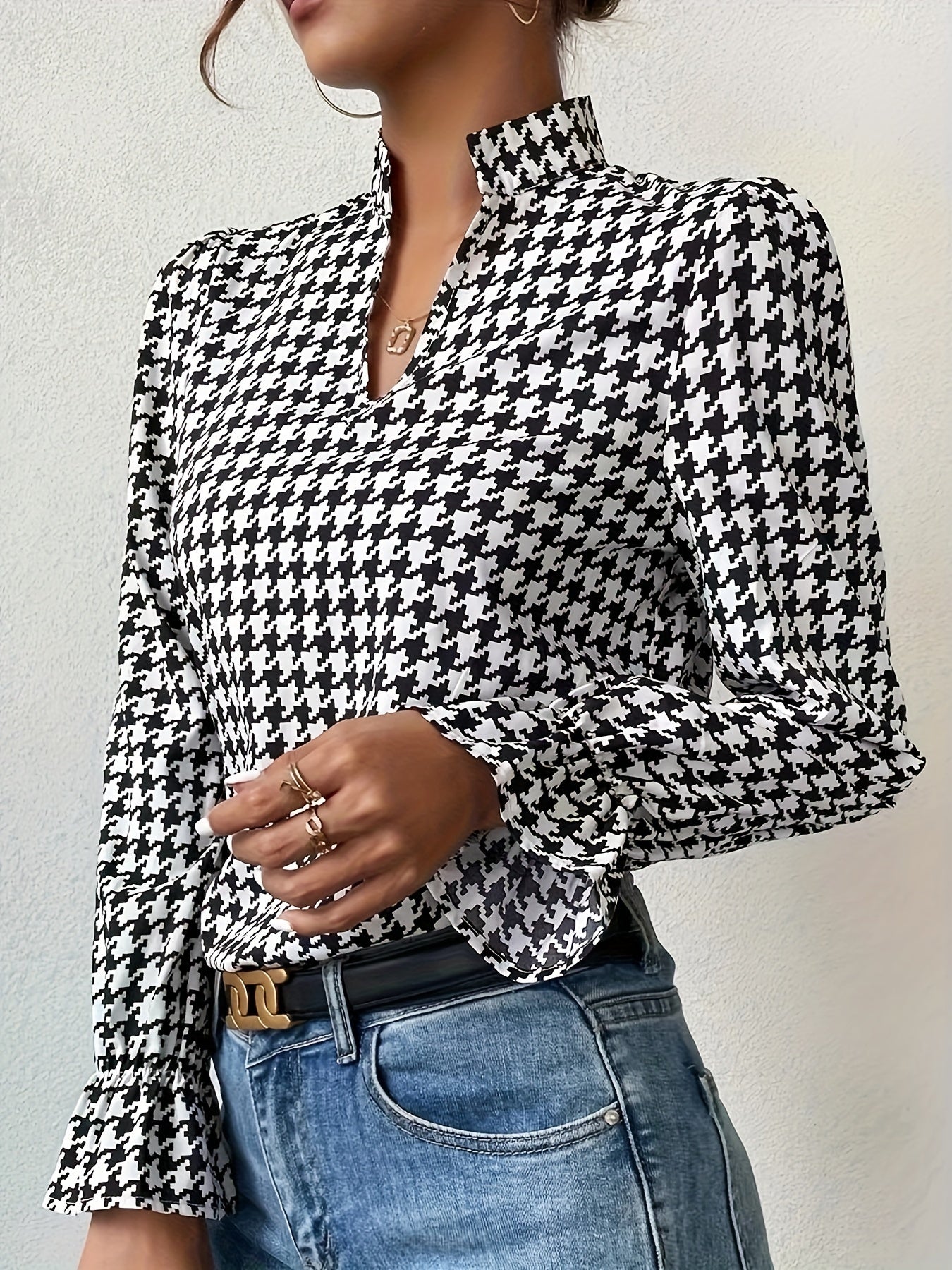 Elegant Houndstooth Blouse for Women: Ruffle Lantern Sleeves, Durable & Stylish for Spring/Fall