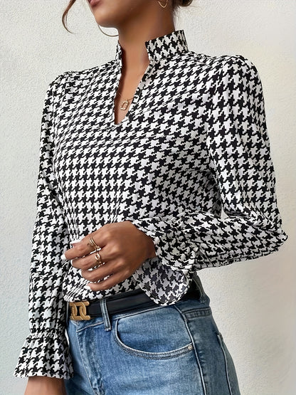 Elegant Houndstooth Blouse for Women: Ruffle Lantern Sleeves, Durable & Stylish for Spring/Fall