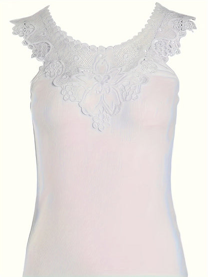 Plus Size Flora Lace Stitching Ruffle Vest Top - Crew Neck, Semi-Sheer, Slight Stretch, Polyester Knit Fabric, Solid Color, Black Fashion, Perfect for Summer Casual Wear