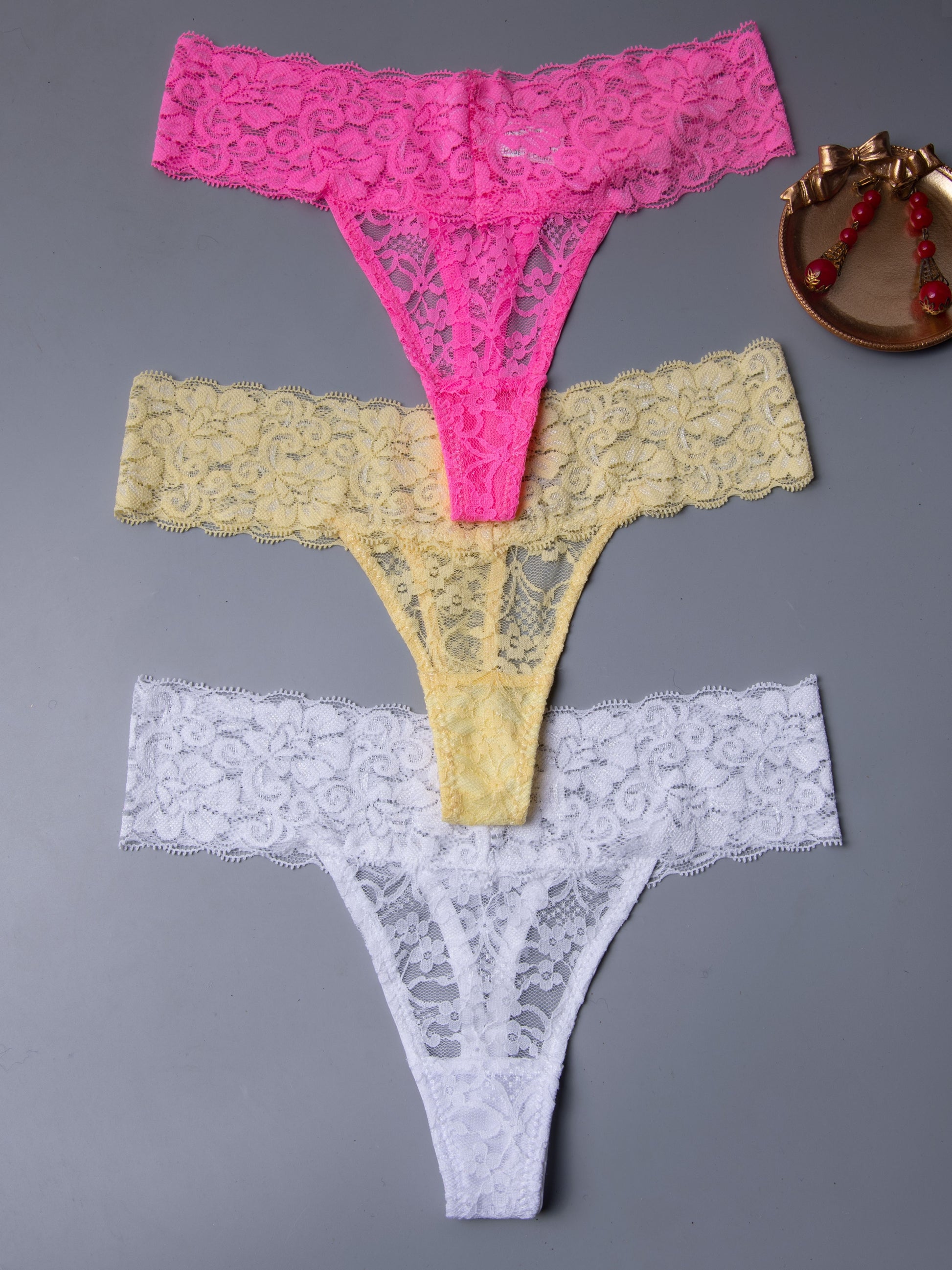 Sexy Low Waist Floral Lace Thongs - 3 Pcs Set - LuxyXO