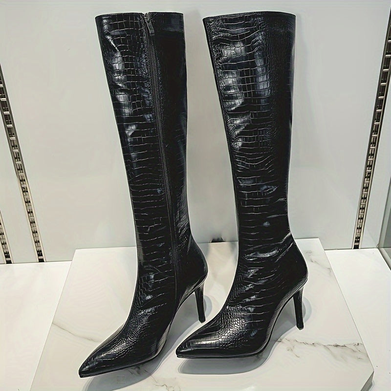 Knee-High Boots - Sexy Glossy Croc-Embossed Stiletto Heels