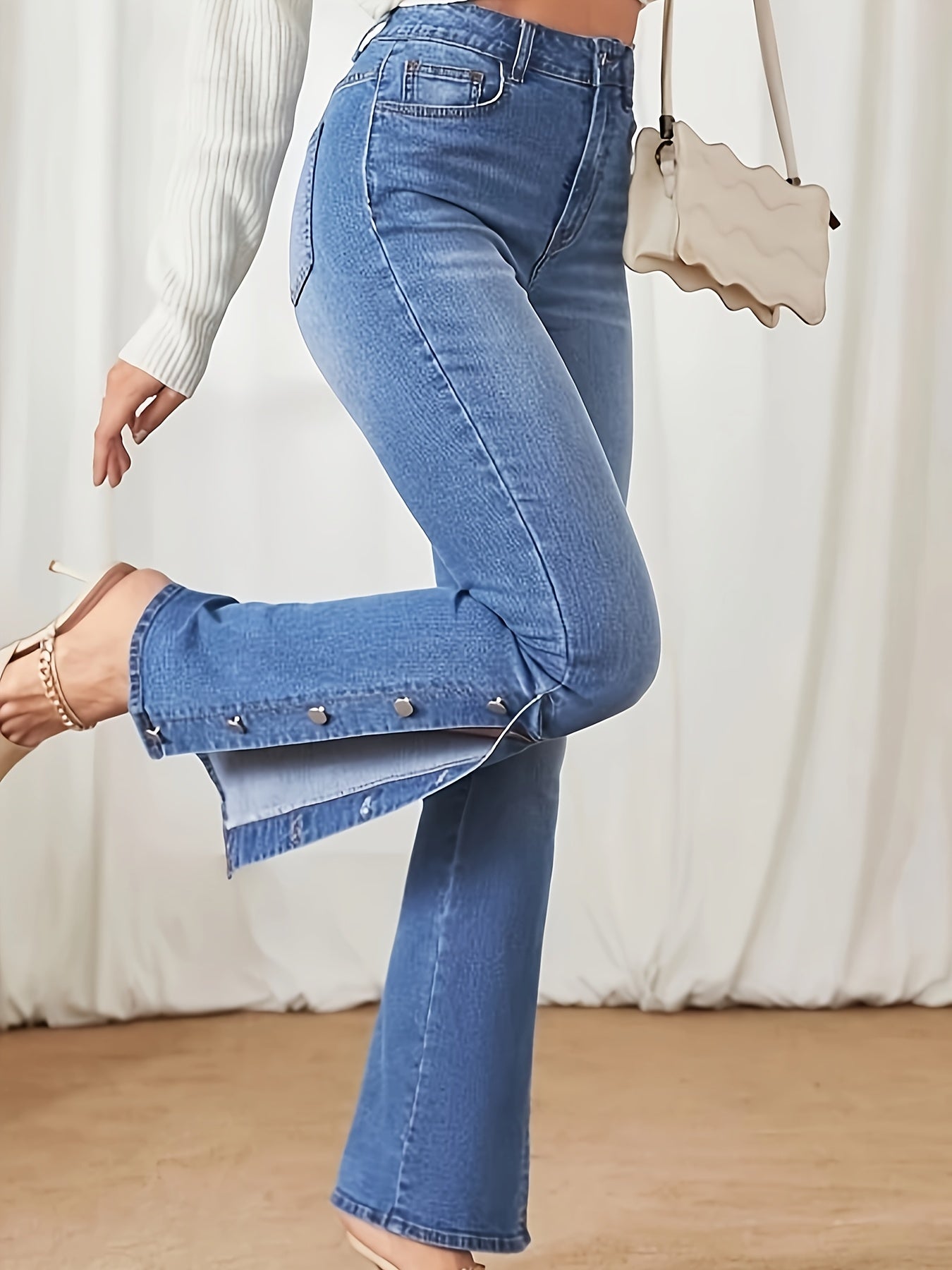 Plus Size Whisker Flare Leg Denim Pants - Stylish Split Side Buttons, Comfortable High-Waisted Jeans for Women - Fashionable Clothing for Curvy Figures