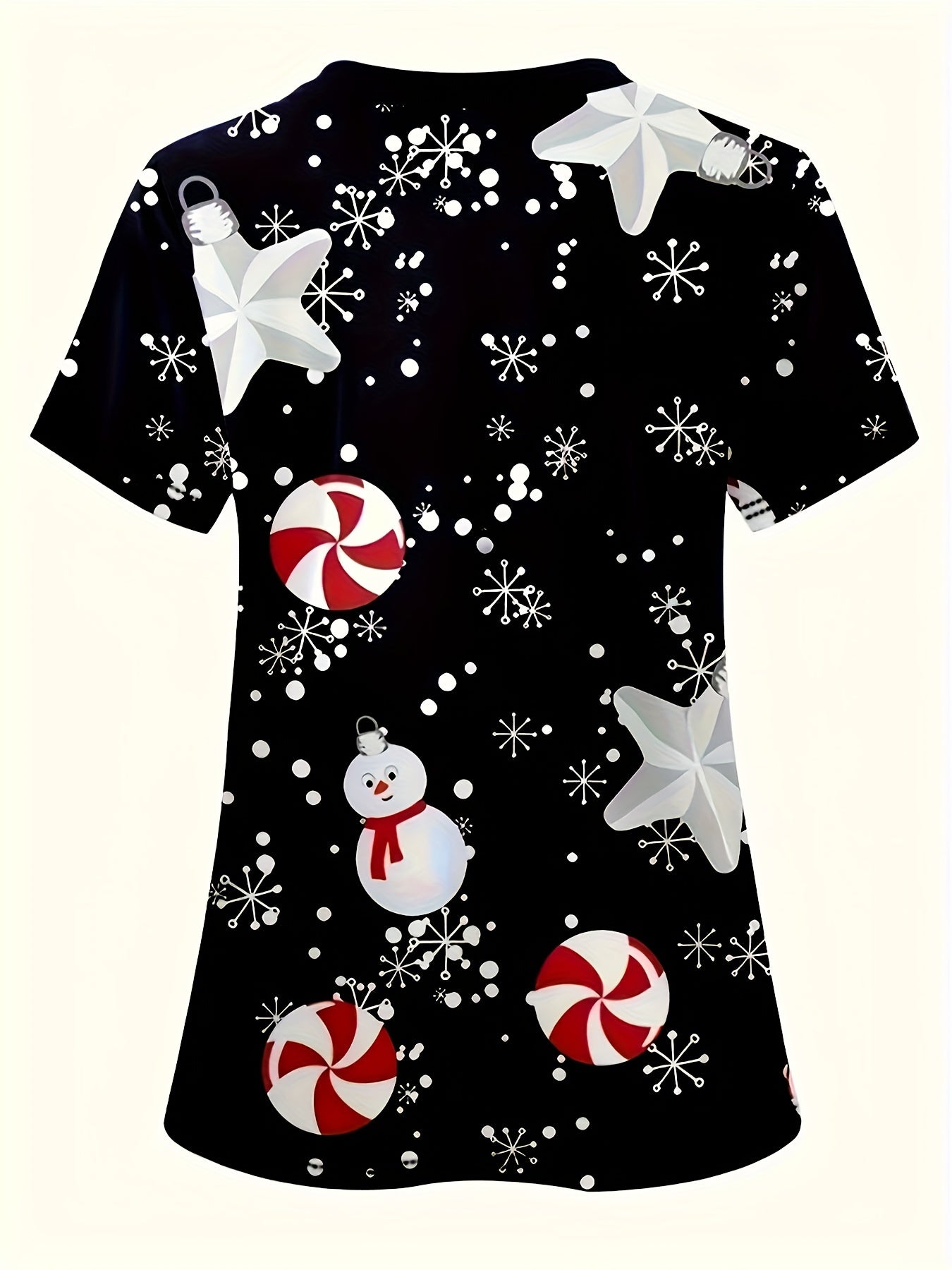 Blusa de hospital con cuello en V y diseño festivo de Papá Noel para enfermeras: poliéster cómodo, lavable a máquina, perfecta para primavera, verano y otoño