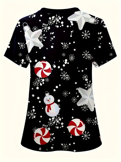 Blusa de hospital con cuello en V y diseño festivo de Papá Noel para enfermeras: poliéster cómodo, lavable a máquina, perfecta para primavera, verano y otoño