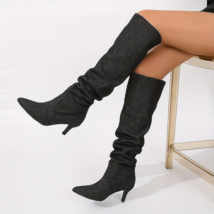 Stylish Slouchy Pointed Toe Stiletto Boots - Over-the-Knee Fashion Long Boots with Thin High Heels, Pull-On Design, and Chic Style for Women - LuxyXO