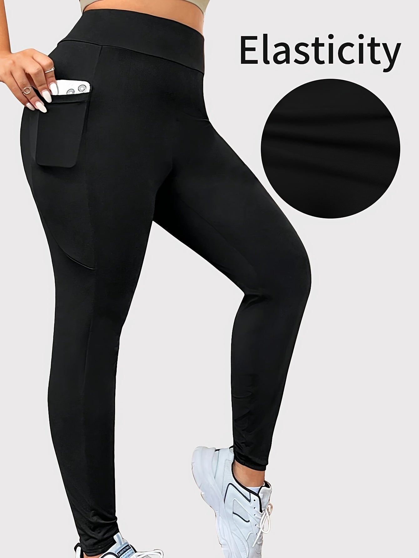 Leggings ajustados elásticos de talla grande con bolsillos laterales: cintura alta, cómodos, transpirables y suaves para primavera y verano: ropa informal de mujer para figuras con curvas