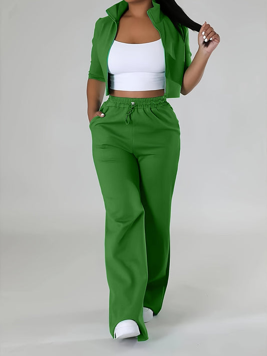 Spring Casual Chic: Durable Half-Sleeve Zip Crop Top & Drawstring Knit Pants - Women's Outfit