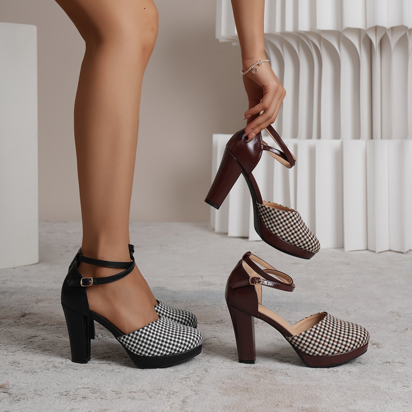 Chic Womens Houndstooth High Heel Sandals - DOrsay Crisscross Ankle Strap Design with Stable Platform Block Heel - Trendy Fashion Footwear