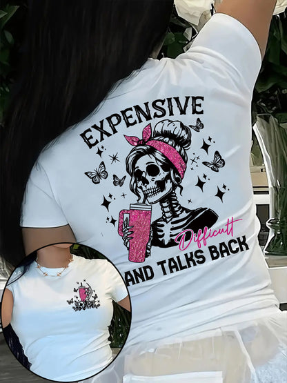 Camiseta de manga corta con cuello redondo y estampado de letras y calaveras vibrantes: prenda informal cómoda para mujer, perfecta para verano y primavera, ajuste relajado, tela de alta calidad, fácil cuidado, elegante camiseta gráfica para uso diario